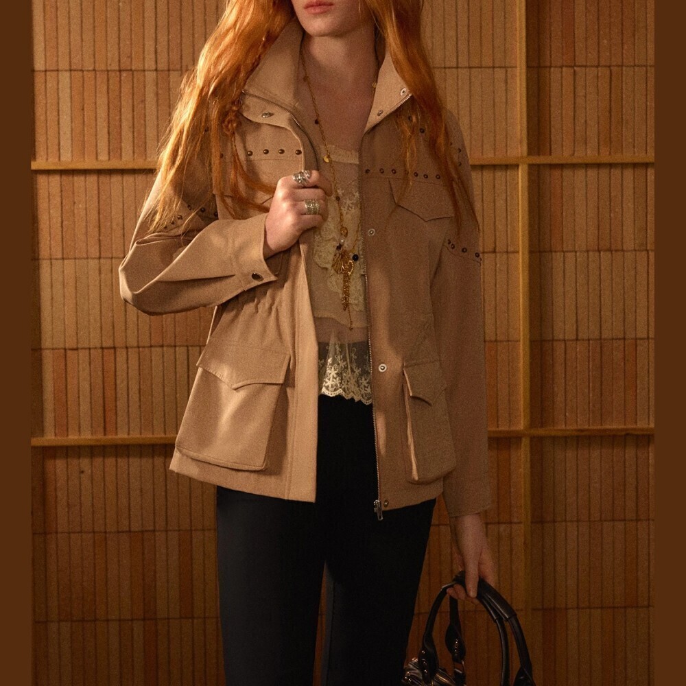 Tan Stand Collar Zip Front Oversized Cargo Field Jacket